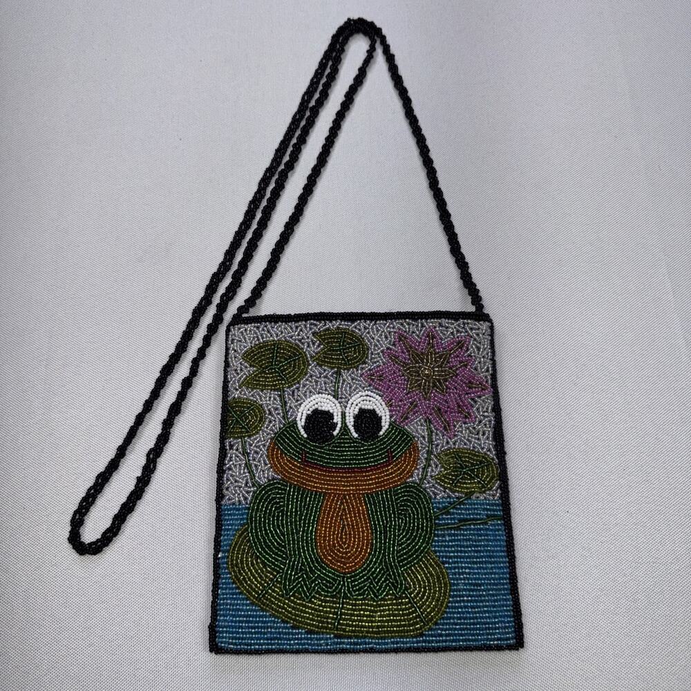 Vintage Ermo Beaded Frog Crossbody Purse Whimsical Lily Pad Cottagecore Bag Y2K